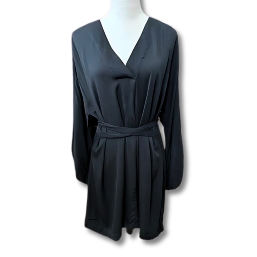 H&M A-Line Dress V Neck Long Sleeves Adjustable Belt Ties Black Women's XS NWOT
